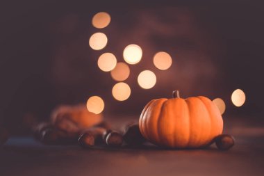 Sonbahar balkabakları ve sonbahar süslemeleri kırsal bir arka planda ışıkla aydınlatılmış