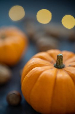 Sonbahar balkabağı ve sonbahar dekoru kopyalanmış ahşap arka planda