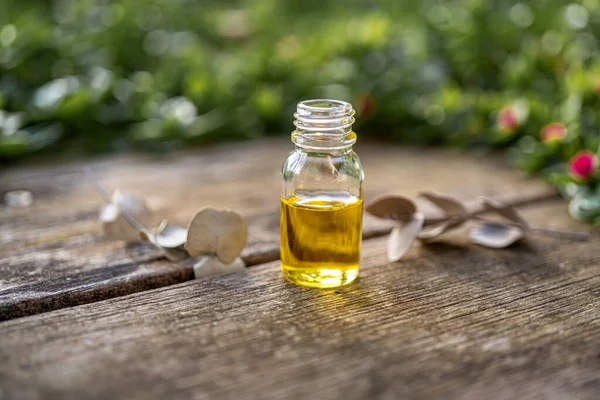 Essential Oil Small Glass Bottle Eucalyptus Sprigs Wood Table Blurred — Stock Photo, Image