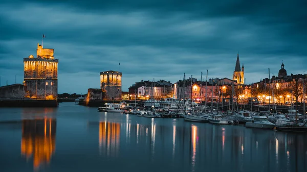 Krásná Osvětlená Městská Krajina Starého Přístavu Rochelle Francie — Stock fotografie