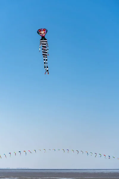 在蓝蓝的天空中的风筝节上 各类风筝 — 图库照片