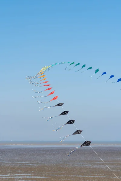 在蓝蓝的天空中的风筝节上 各类风筝 — 图库照片