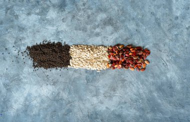 French flag made of coloured seeds on a grey background. Cereal-producing countries. Top view