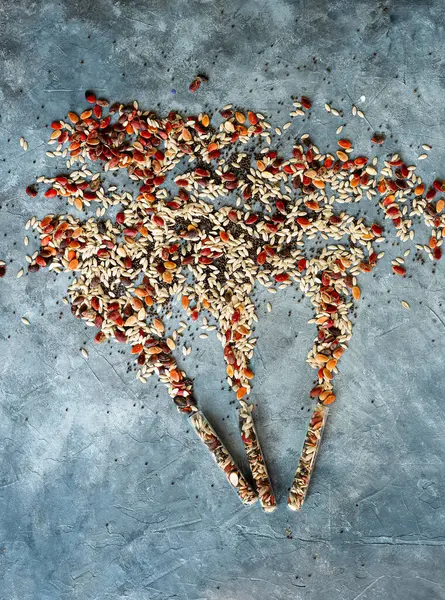 explosion of multicolored seeds from swarm tubes on a grey background. pumpkin seeds, poppies, beans, etc.