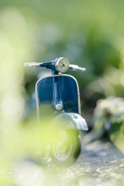 Bahçede küçük, minyatür bir scooter. Doğal ortamda güzel bir ön plan bulanıklığı
