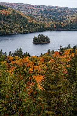 Wapizagonke gölünün ortasındaki Pine Adası sonbaharda renkli orman tepeleriyle çevrili, La Mauricie Ulusal Parkı, Quebec, Kanada