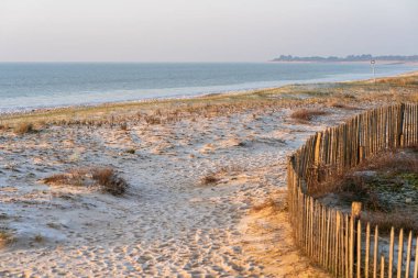 Ile de Re 'deki Idyllic kumlu plajı, Charente-Maritime, Fransa. Soğuk bir günde güzel bir gün doğumu ışığı.