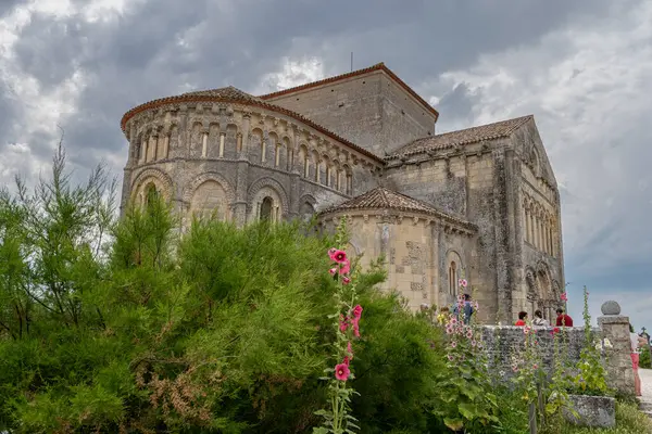 stock image Sainte-Radegonde medieval Church, Talmont sur gironde surrounding wit beautiful dark pink hollyhocks against stormy sky