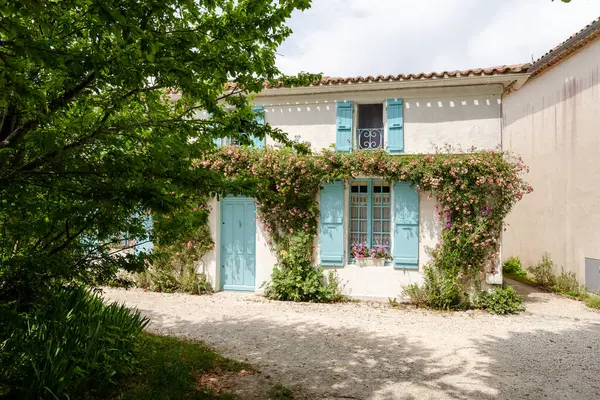 Talmont-sur-Gironde 'de mavi panjurlu taş bir evin cephesi