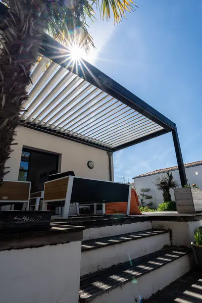 gerçekçi fotoğraf modern tasarım alüminyum levhalar ile biyolimatik pergola yüzme havuzu olan, yemek alanı bol, bitki örtüsü olan modern bir evin yanında duruyor.