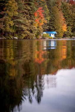 Sonbaharda sakin bir göl sahnesi. Sahilde küçük bir rıhtımın yanında mavi bir Kanada kulübesi var. Arkaplanda canlı sonbahar renklerinde ağaçlar ve güzel göl yansıması var.