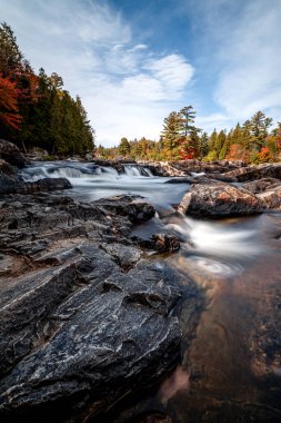 Autumn waterfall scenery with fallen leaves and beautiful fall colors at national park de la Mauricie, Quebec, Canada clipart