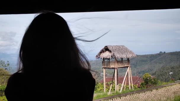 Bungalov Terasından Geniş Açılı Gören Kadın Silueti Bali Endonezya Yüksek — Stok video