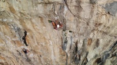 Yunanistan 'ın Kalymnos adasındaki dik bir duvarda zorlu bir tırmanış rotasına tırmanan güçlü bir dağcının hava aracı görüntüsü. Yüksek kalite 4k görüntü.
