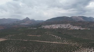Arkasında zeytin tarlaları ve Sierra Nevada dağları olan Endülüs manzarası. Yüksek kalite 4k drone görüntüsü.