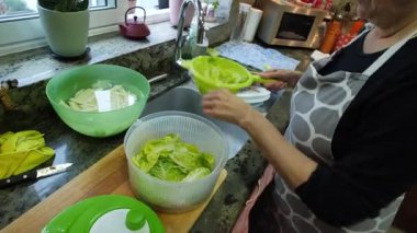 Ev hanımı mutfağında marul yıkıyor. Yüksek kalite 4k görüntü