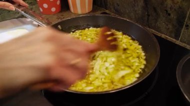 Ev hanımı ev mutfağında geleneksel İspanyol omleti pişiriyor. Yüksek kalite 4k görüntü.