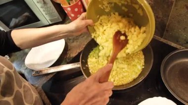 Ev hanımı ev mutfağında geleneksel İspanyol omleti pişiriyor. Yüksek kalite 4k görüntü.