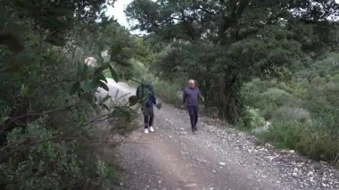 Barcelona yakınlarındaki dağlarda yürüyüş yapan yaşlı çift. Yüksek kalite 4k görüntü