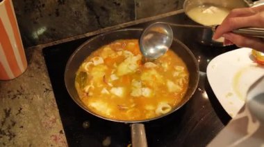 Ev hanımı evde balık güveci pişiriyor. Yüksek kalite 4k görüntü