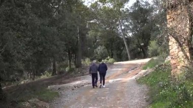 Barcelona yakınlarındaki dağlarda yürüyüş yapan yaşlı çift. Yüksek kalite 4k görüntü
