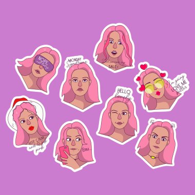 Pink haired girl emotions stickers. Vector stock illustration. 