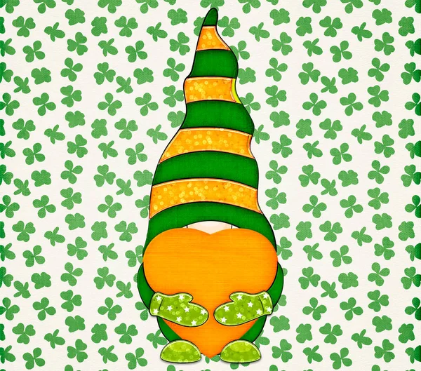 Happy St Patricks Day texture with funny gnome. Stock holiday illustration.