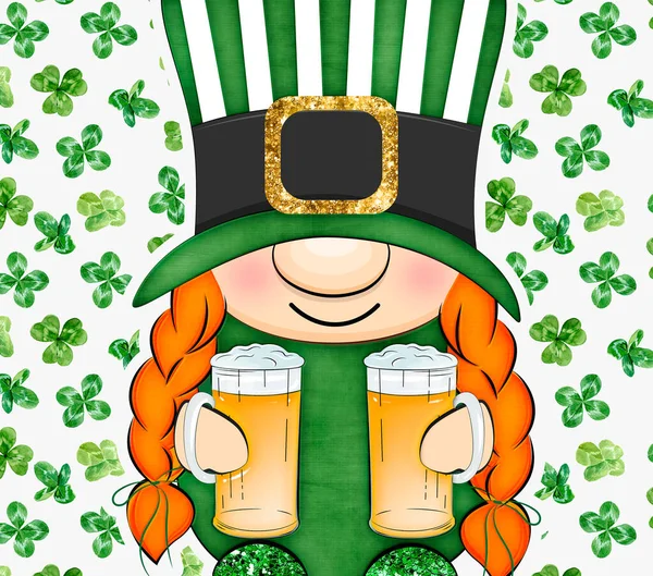 Happy St Patricks Day texture with funny gnome. Stock holiday illustration.
