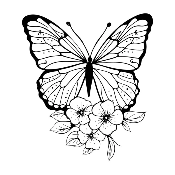 Schmetterlingsschwarze Silhouette Mit Blumen Umriss Vektoraktiendarstellung — Stockvektor