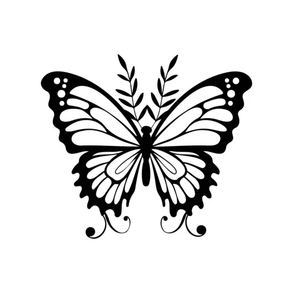 Schmetterlingsschwarze Silhouette Mit Pflanze Umriss Vektoraktiendarstellung — Stockvektor