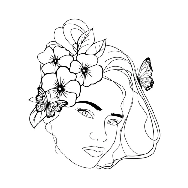 Silhouette Eines Hübschen Mädchens Schwarzer Farbe Mit Blumen Und Schmetterlingen — Stockvektor