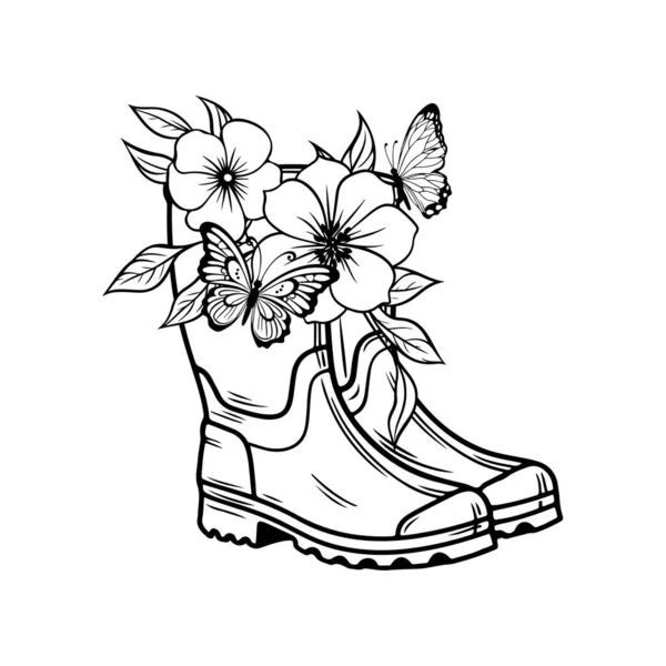 Ein Blumenstrauß Steht Gummistiefeln Mit Schmetterlingen Schwarz Weiß Illustration Vektorillustration — Stockvektor