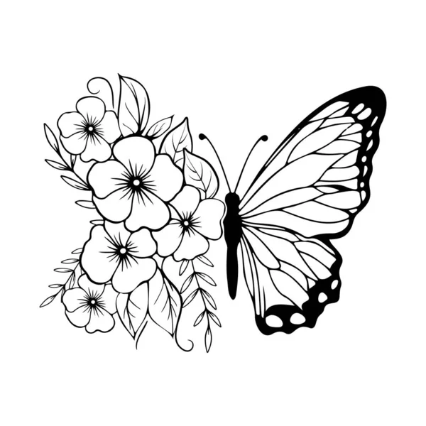 Silueta Mariposa Negra Con Flores Contorno Ilustración Stock Vectorial — Vector de stock