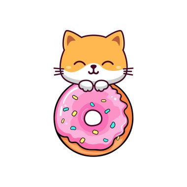 Tatlı kedi yavrusu ve donut. Çocuk çizimi. Vektör illüstrasyonu