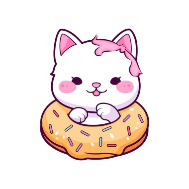 Tatlı kedi yavrusu ve donut. Çocuk çizimi. Vektör illüstrasyonu