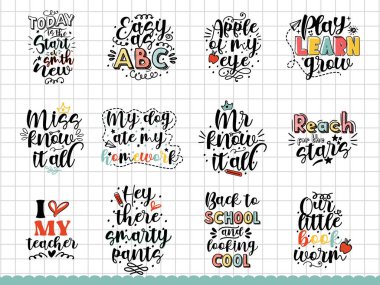 Renkli arka planda siyah okul alıntılarıyla eskiz koleksiyonu. Vektör tipografisi. Çizim çizimi. Modern vektör sanatı. Vektör koleksiyonu. Vektör dekorasyonu. Beyaz arkaplan.