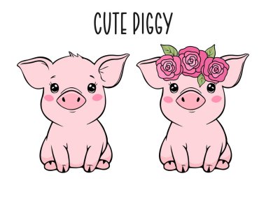 Dekorasyon tasarımı için beyaz arka planda şirin bir bebek domuz resmi olan güzel bir çizgi film ikonu. Vektör koleksiyonu. Beyaz arka plan. Kırsal doğa geçmişi. İzole vektör.