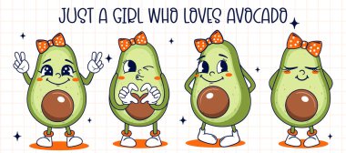 Avokado 'nun eski moda poster tarzında metinli çizgi film karakteri. Vektör stok illüstrasyonu. 