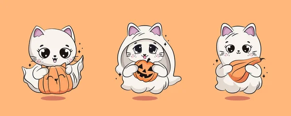 Fantômes Chats Mignons Pour Halloween Personnages Dessin Animé Mignons Illustration — Image vectorielle