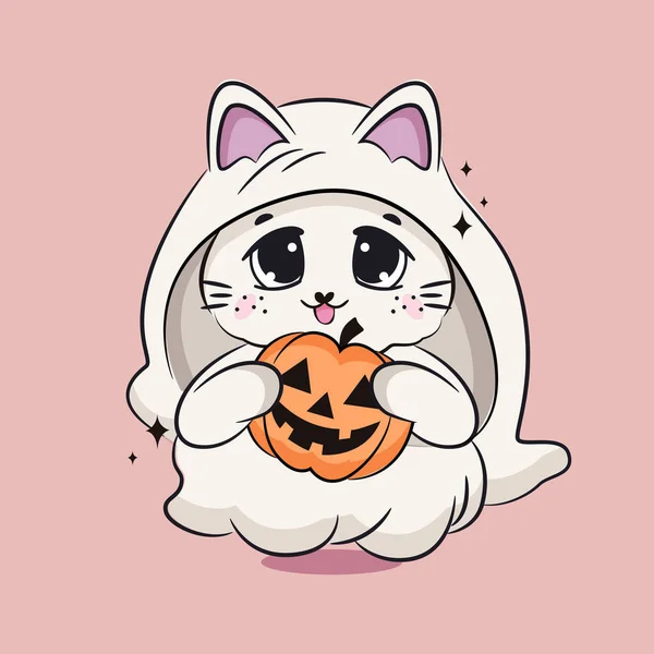 Carino Fantasma Halloween Carino Personaggio Dei Cartoni Animati Illustrazione Dello — Vettoriale Stock