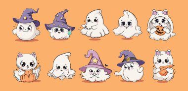 Sevimli, neşeli hayaletler. Çocuklar için çocuksu ürkütücü karakterler. Farklı duyguları ve yüz ifadeleri olan büyülü korkunç ruhlar. Çizgi roman hayaletlerinin izole edilmiş düz çizgi film vektör çizimleri
