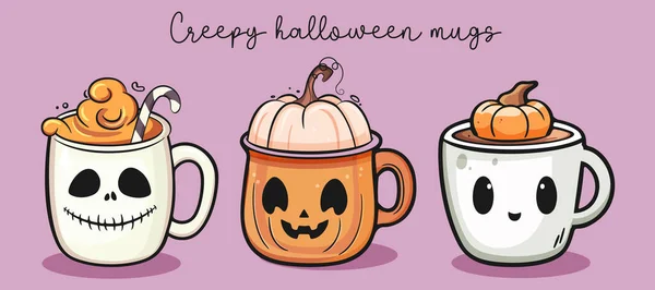 Feliz Halloween Conjunto Canecas Assustadoras Bonitos Com Rostos Ilustração Estoque — Vetor de Stock