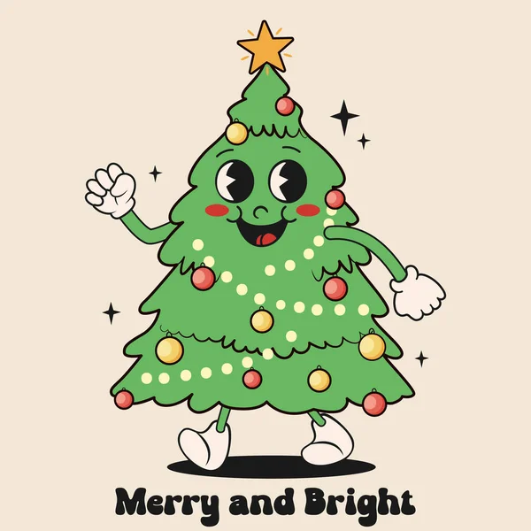 Árbol Navidad Dibujos Animados Retro Personaje Divertido Ilustración Stock Vectorial — Vector de stock