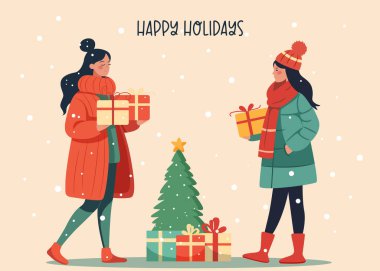 Güzel bir genç kız Noel hediyeleriyle birlikte alışveriş torbaları taşıyor. Kış tatili için yeni yıl hediyeleri getiren kız. Düz dizayn. Stok vektör illüstrasyonu.