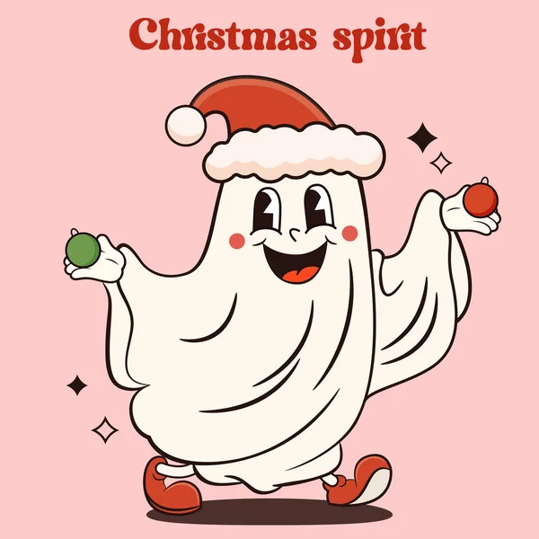 サンタクロースの帽子をかぶったハッピークリスマスゴースト Groovy レトロ ベクター イラストレーション — ストックベクタ