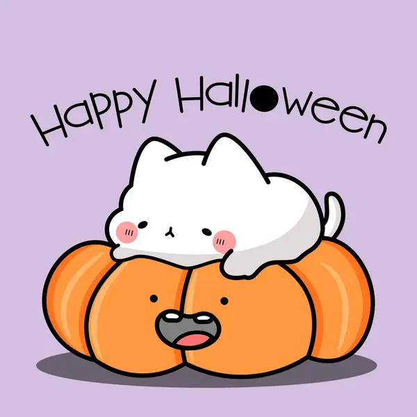 Cute Kawaii Kotek Pomarańczowy Jack Latarnia Dynia Szczęśliwy Wektor Halloween — Wektor stockowy