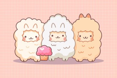 Dondurma yiyen sevimli kawaii lamaları. Vektör stok illüstrasyonu. 