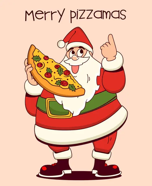 サンタクロースのクリスマス漫画キャラクターは おいしいピザのスライスを保持しています メリー ピザマの引用 ベクトルストックイラスト — ストックベクタ