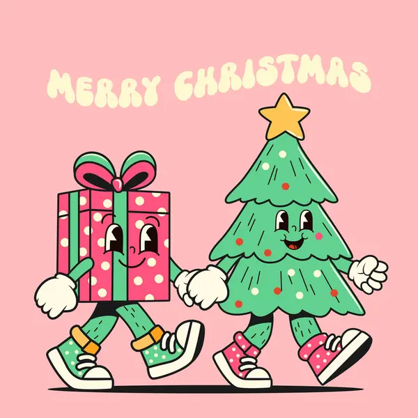 Feliz Natal Hippie Árvore Natal Caixa Presente Estilo Desenho Animado — Vetor de Stock