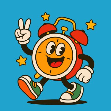 Neşeli retro çalar saat çizgi film karakteri barış işareti yapıyor ve mutlu mesut yürüyor. Zaman yönetimi görselleri, eğitim tasarımları, okul posterleri ve motivasyon içeriği için mükemmel, parlak ve oyuncu bir vintage tarzı illüstrasyon.